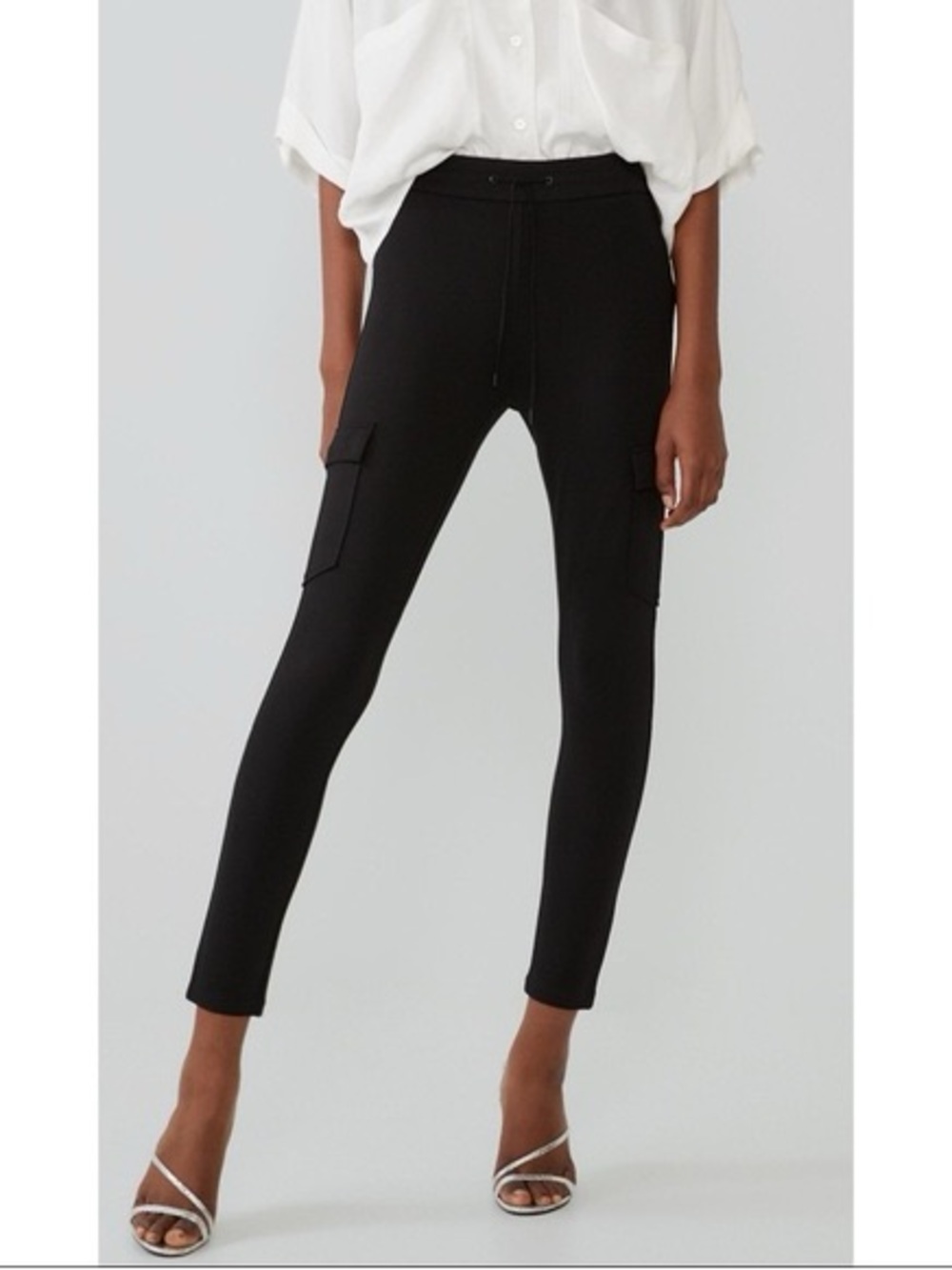 Zara High-Rise Black Cargo Pant Leggings with Drawstring Waist